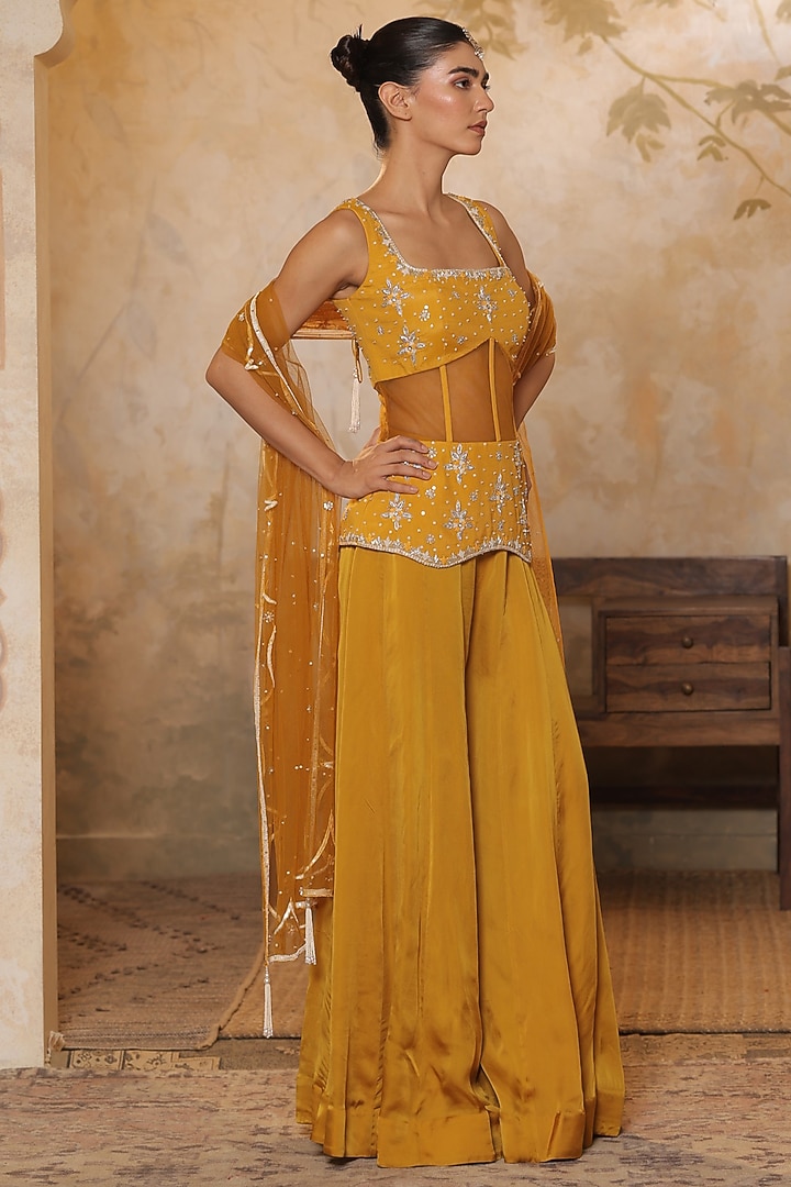 Yellow Satin Organza Wedding Sharara Set by Sunanta Madaan at Pernia's Pop Up Shop