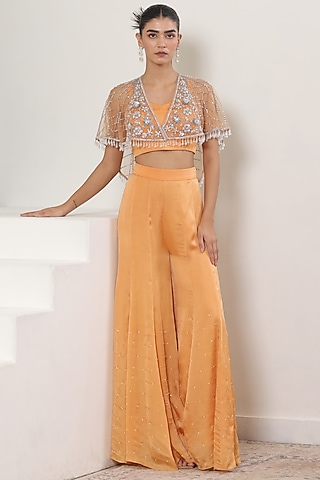 Orange Satin Organza Sharara Set by Sunanta Madaan