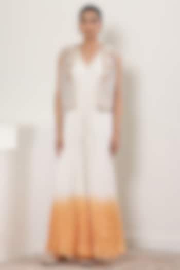 Ivory & Orange Ombre Satin Organza Embroidered Jumpsuit by Sunanta Madaan at Pernia's Pop Up Shop