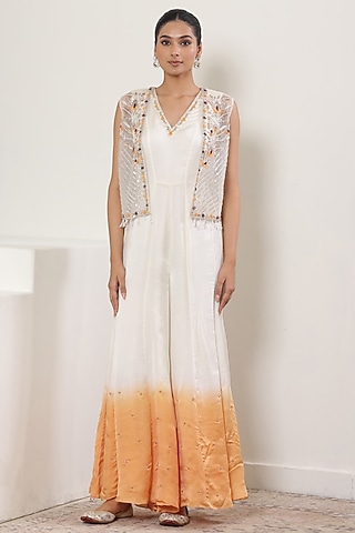 Ivory & Orange Ombre Satin Organza Embroidered Jumpsuit by Sunanta Madaan