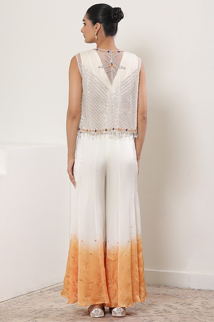 Ivory & Orange Ombre Satin Organza Embroidered Jumpsuit by Sunanta Madaan at Pernia's Pop Up Shop