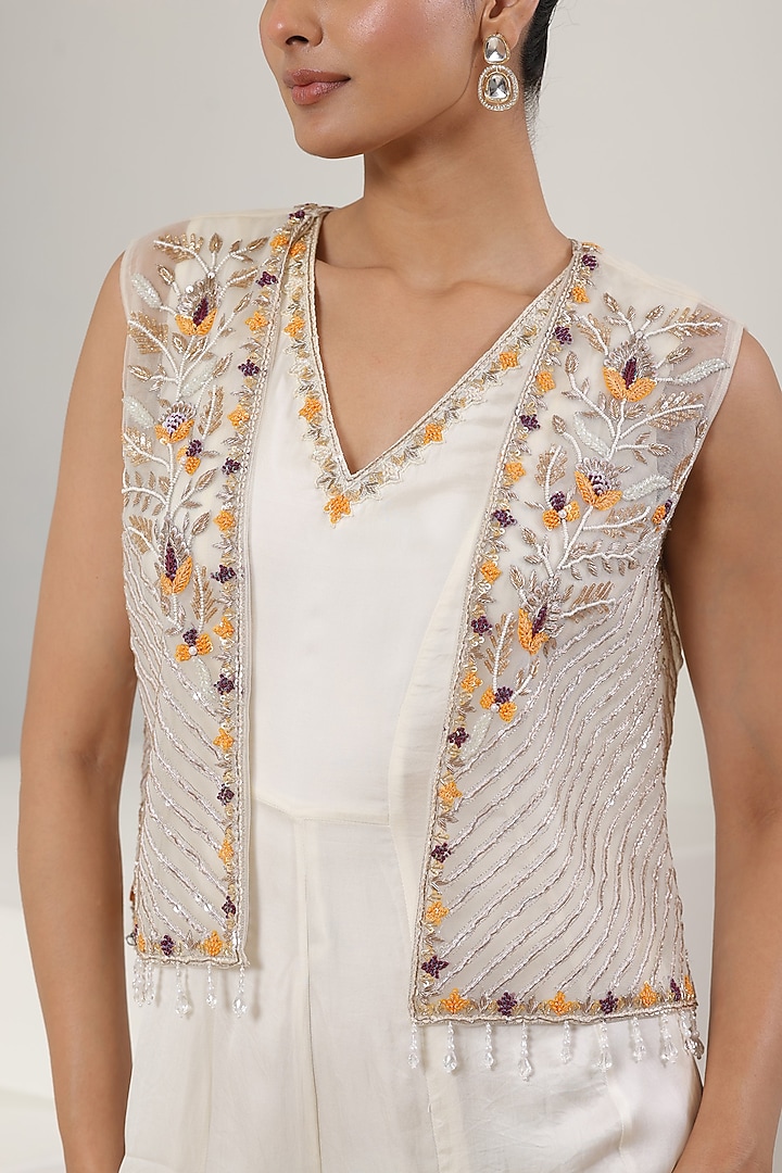 Ivory & Orange Ombre Satin Organza Embroidered Jumpsuit by Sunanta Madaan at Pernia's Pop Up Shop