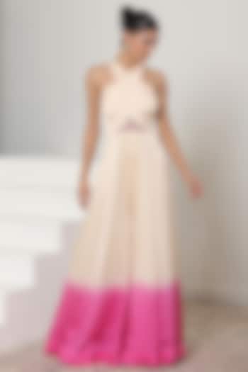 Ivory & Pink Satin Organza Embroidered Jumpsuit by Sunanta Madaan at Pernia's Pop Up Shop