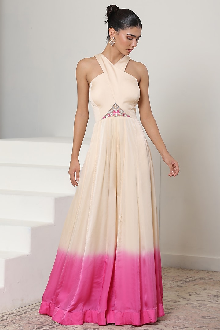 Ivory & Pink Satin Organza Embroidered Jumpsuit by Sunanta Madaan at Pernia's Pop Up Shop