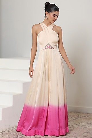 Ivory & Pink Satin Organza Embroidered Jumpsuit by Sunanta Madaan