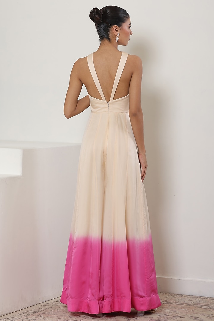 Ivory & Pink Satin Organza Embroidered Jumpsuit by Sunanta Madaan at Pernia's Pop Up Shop