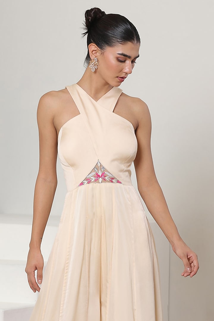 Ivory & Pink Satin Organza Embroidered Jumpsuit by Sunanta Madaan at Pernia's Pop Up Shop
