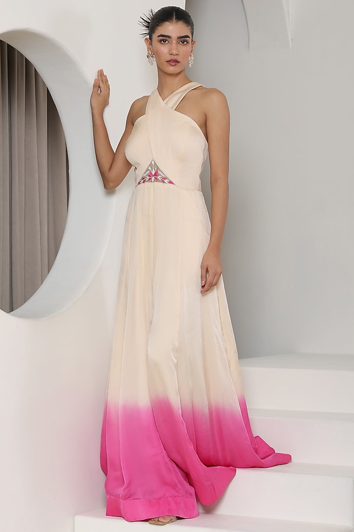 Ivory & Pink Satin Organza Embroidered Jumpsuit by Sunanta Madaan at Pernia's Pop Up Shop