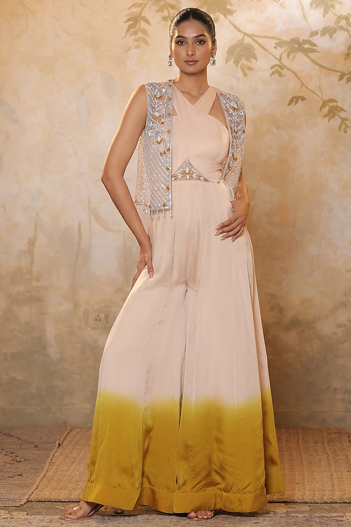 Ivory & Yellow Satin Organza Sequins Work Jumpsuit by Sunanta Madaan at Pernia's Pop Up Shop