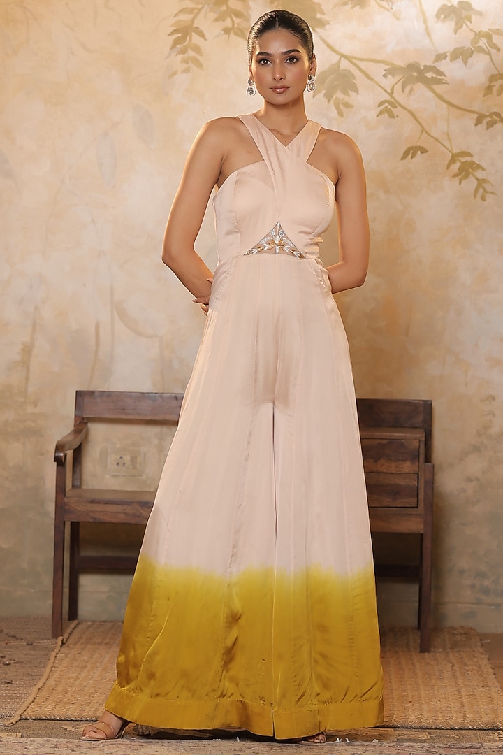 Ivory & Yellow Satin Organza Sequins Work Jumpsuit by Sunanta Madaan at Pernia's Pop Up Shop