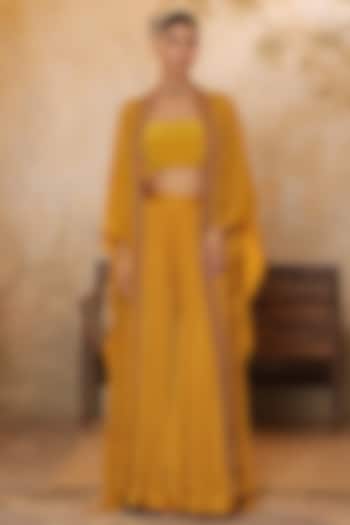 Golden Yellow Silk Crepe Sequins Embroidered Cape Set by Sunanta Madaan at Pernia's Pop Up Shop