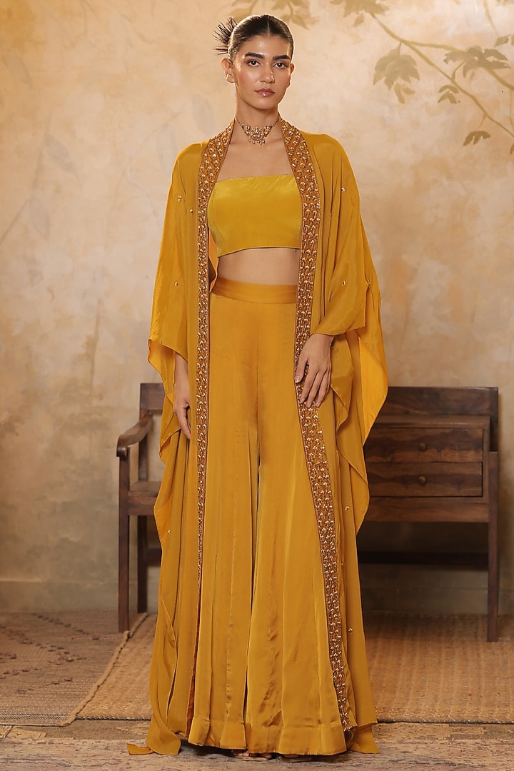 Golden Yellow Silk Crepe Sequins Embroidered Cape Set by Sunanta Madaan at Pernia's Pop Up Shop