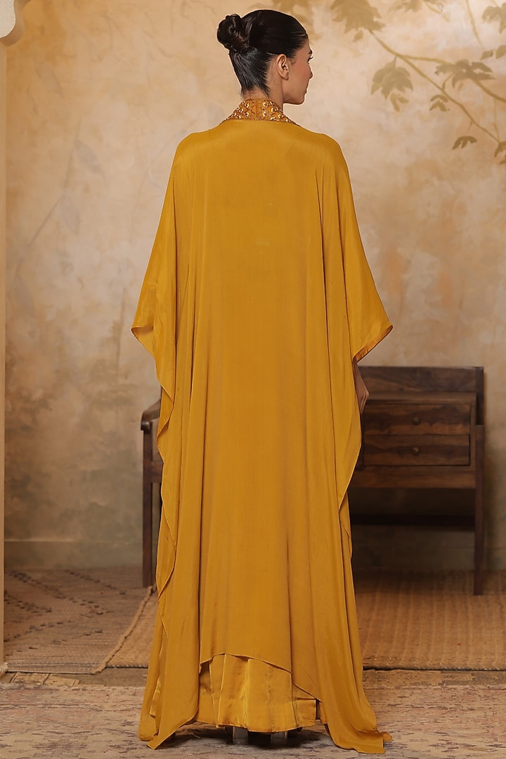 Golden Yellow Silk Crepe Sequins Embroidered Cape Set by Sunanta Madaan at Pernia's Pop Up Shop