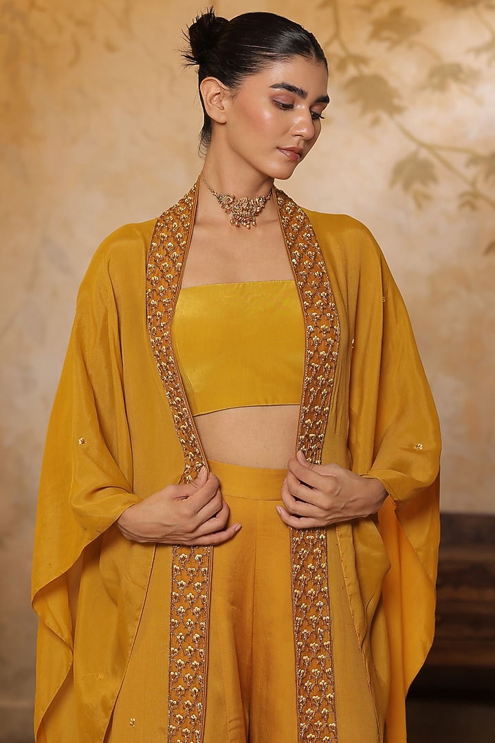 Golden Yellow Silk Crepe Sequins Embroidered Cape Set by Sunanta Madaan at Pernia's Pop Up Shop