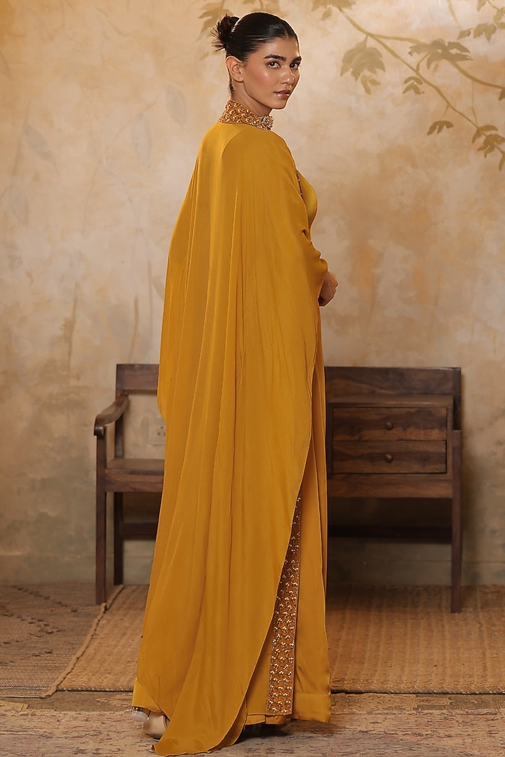 Golden Yellow Silk Crepe Sequins Embroidered Cape Set by Sunanta Madaan at Pernia's Pop Up Shop