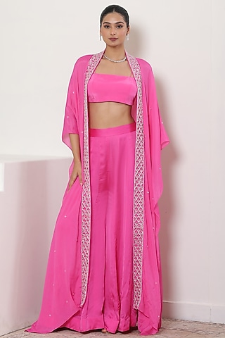 Pink Silk Crepe Sequins Embroidered Cape Set by Sunanta Madaan