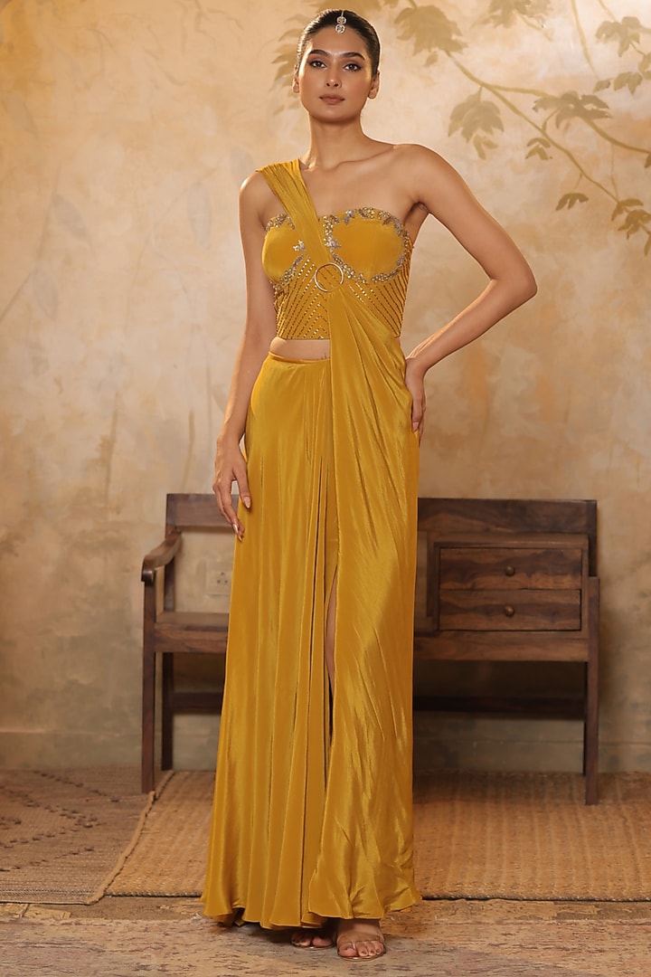 Golden Yellow Crepe Sequins Embroidered Wedding Saree Set by Sunanta Madaan at Pernia's Pop Up Shop