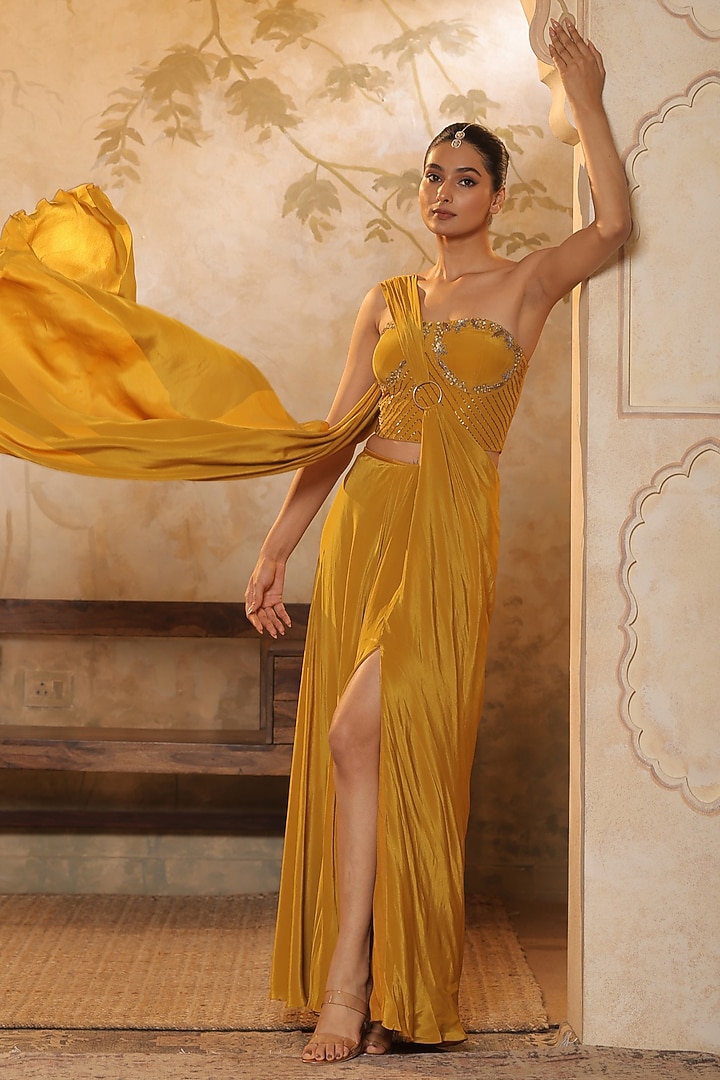 Golden Yellow Crepe Sequins Embroidered Wedding Saree Set by Sunanta Madaan at Pernia's Pop Up Shop
