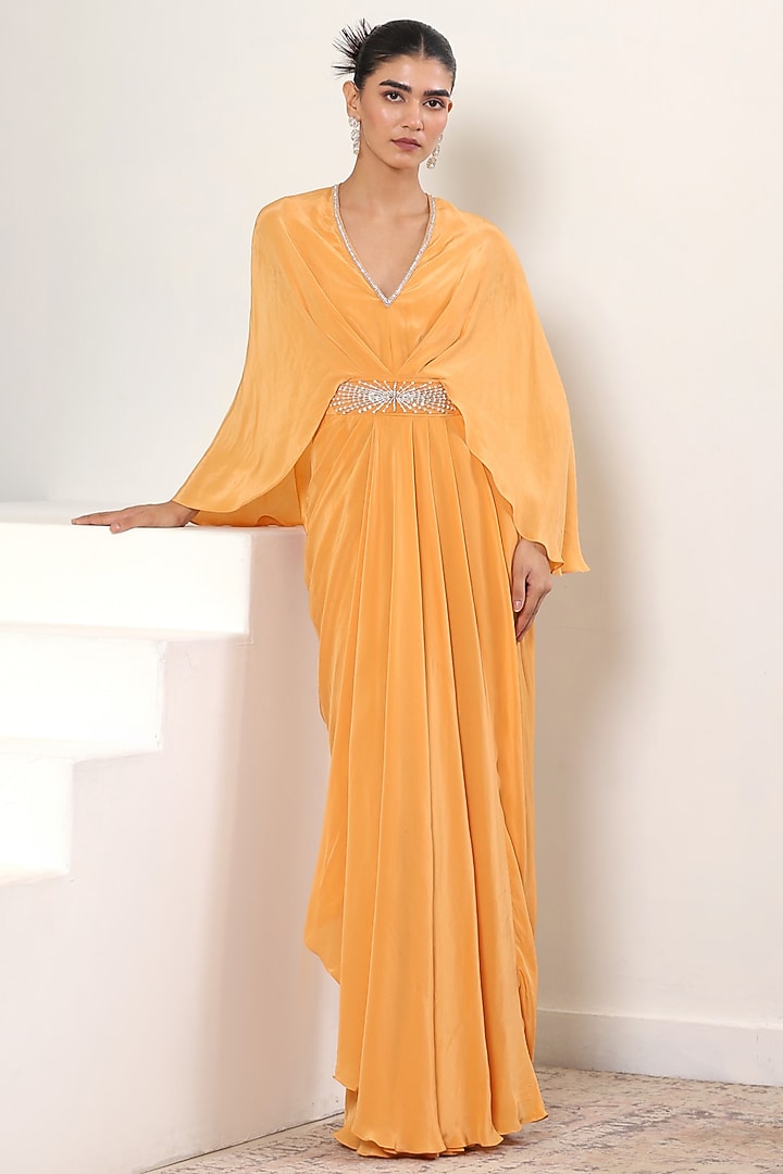 Orange Crepe Hand Embroidered Kaftan by Sunanta Madaan at Pernia's Pop Up Shop