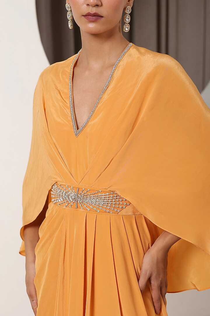 Orange Crepe Hand Embroidered Kaftan by Sunanta Madaan at Pernia's Pop Up Shop