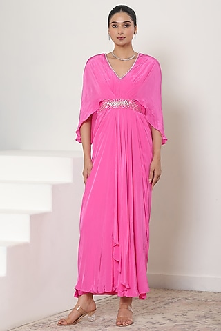 Pink Crepe Sequins Embroidered Kaftan by Sunanta Madaan