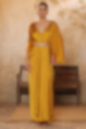 Golden Yellow Crepe Sequins Embroidered Kaftan by Sunanta Madaan at Pernia's Pop Up Shop