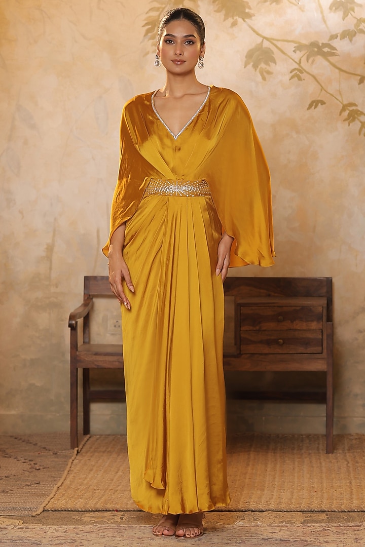 Golden Yellow Crepe Sequins Embroidered Kaftan by Sunanta Madaan at Pernia's Pop Up Shop