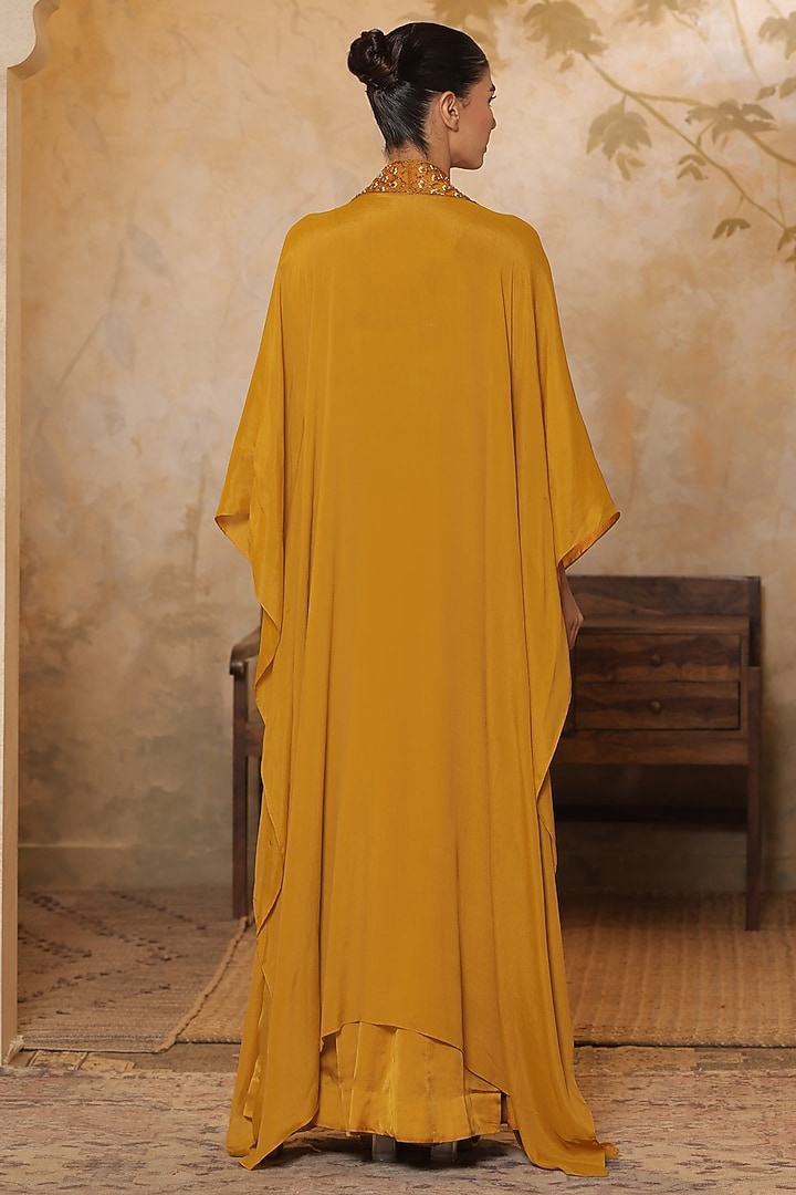 Golden Yellow Crepe Sequins Embroidered Kaftan by Sunanta Madaan at Pernia's Pop Up Shop