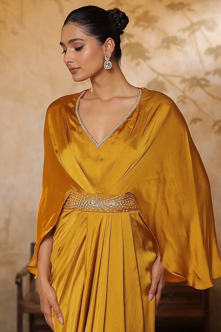 Golden Yellow Crepe Sequins Embroidered Kaftan by Sunanta Madaan at Pernia's Pop Up Shop