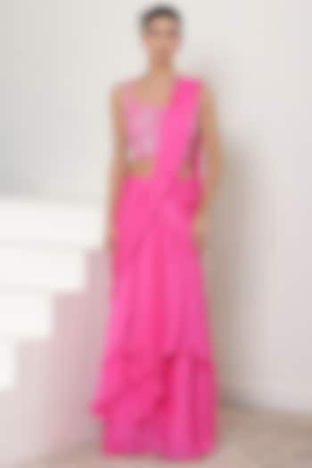 Pink Satin Organza Wedding Saree Set by Sunanta Madaan at Pernia's Pop Up Shop