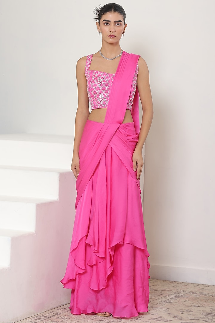 Pink Satin Organza Wedding Saree Set by Sunanta Madaan at Pernia's Pop Up Shop