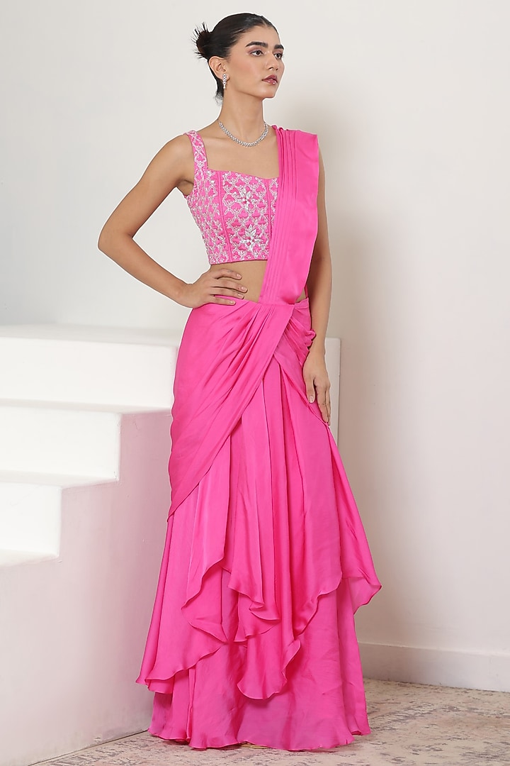 Pink Satin Organza Wedding Saree Set by Sunanta Madaan at Pernia's Pop Up Shop