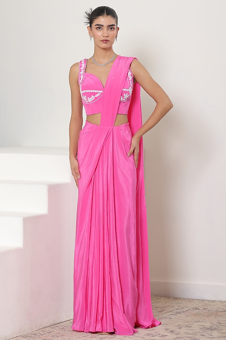 Pink Crepe Pre-Draped Wedding Saree Set by Sunanta Madaan at Pernia's Pop Up Shop