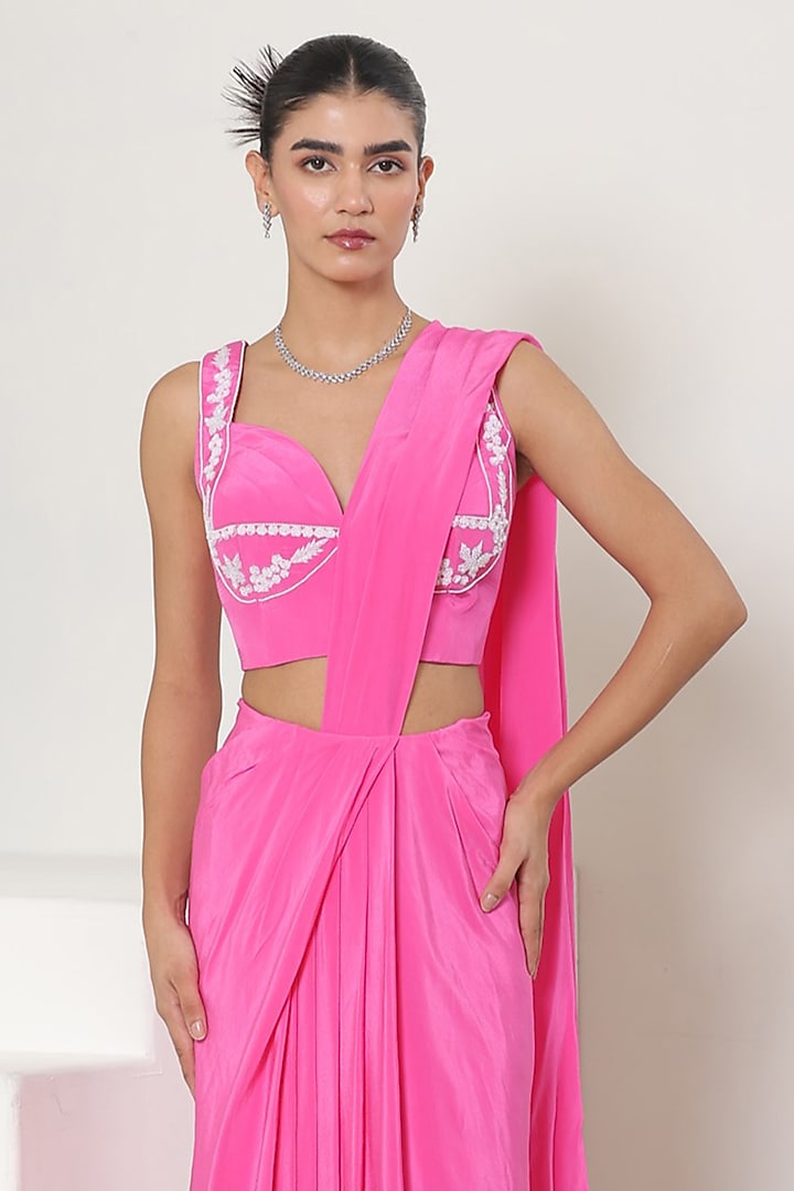 Pink Crepe Pre-Draped Wedding Saree Set by Sunanta Madaan at Pernia's Pop Up Shop