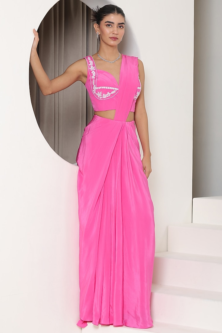 Pink Crepe Pre-Draped Wedding Saree Set by Sunanta Madaan at Pernia's Pop Up Shop