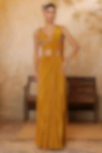 Golden Yellow Crepe Pre-Draped Wedding Saree Set by Sunanta Madaan at Pernia's Pop Up Shop