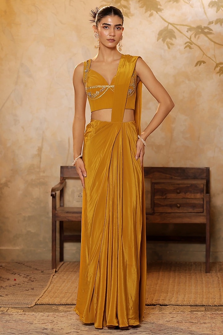 Golden Yellow Crepe Pre-Draped Wedding Saree Set by Sunanta Madaan at Pernia's Pop Up Shop