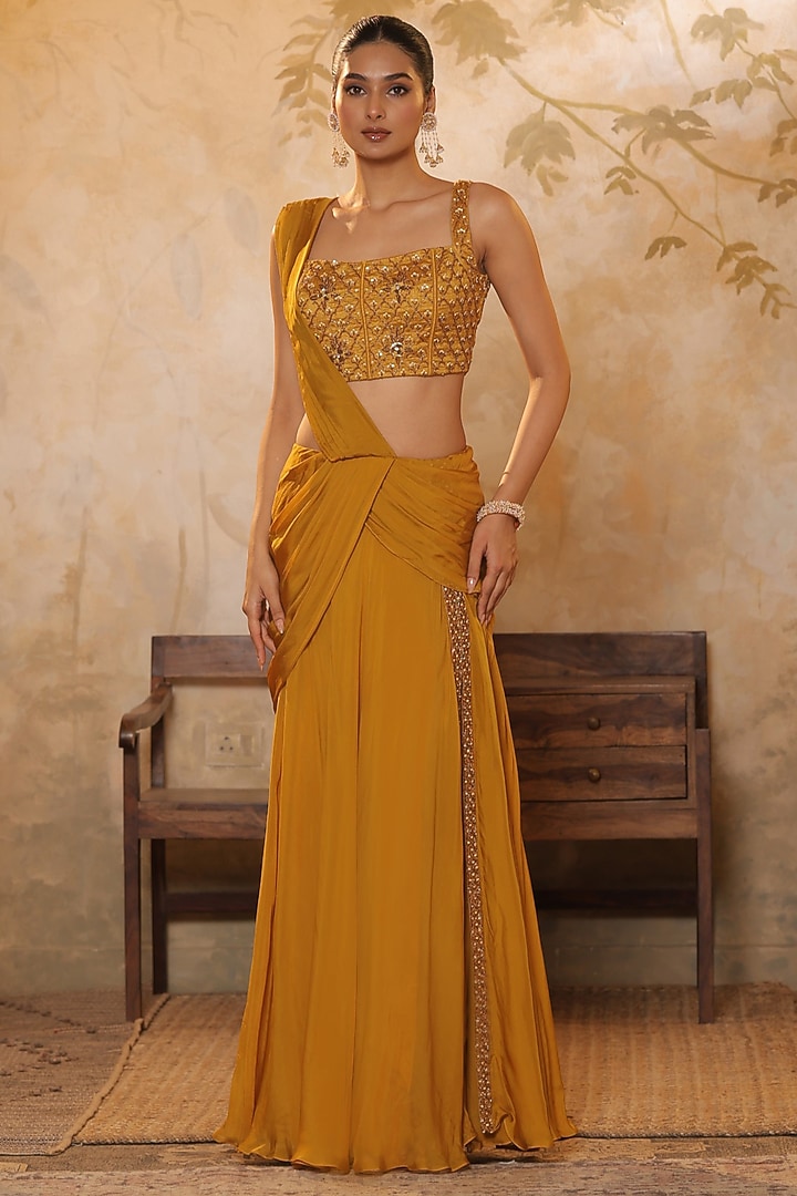 Golden Yellow Flat Silk Chiffon Wedding Saree Set by Sunanta Madaan at Pernia's Pop Up Shop