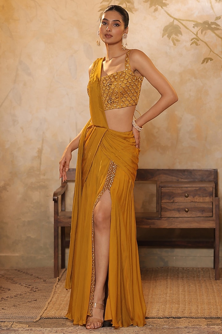Golden Yellow Flat Silk Chiffon Wedding Saree Set by Sunanta Madaan at Pernia's Pop Up Shop