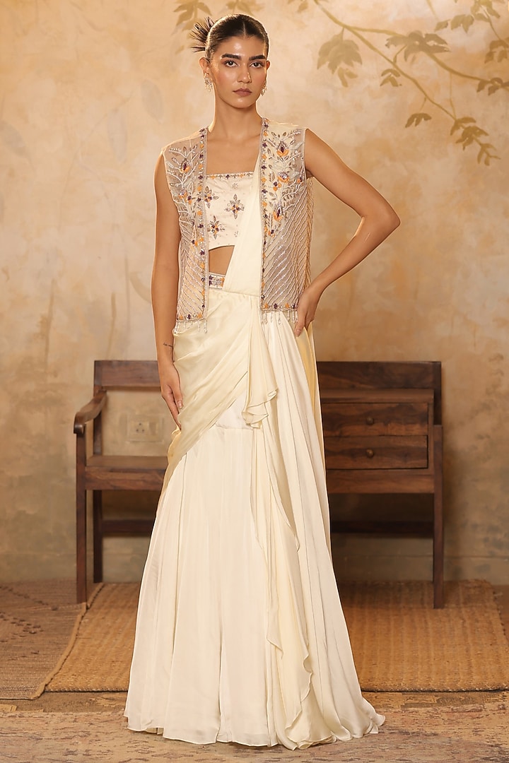 Ivory Georgette Sequins Embroidered Wedding Lehenga Saree Set by Sunanta Madaan at Pernia's Pop Up Shop