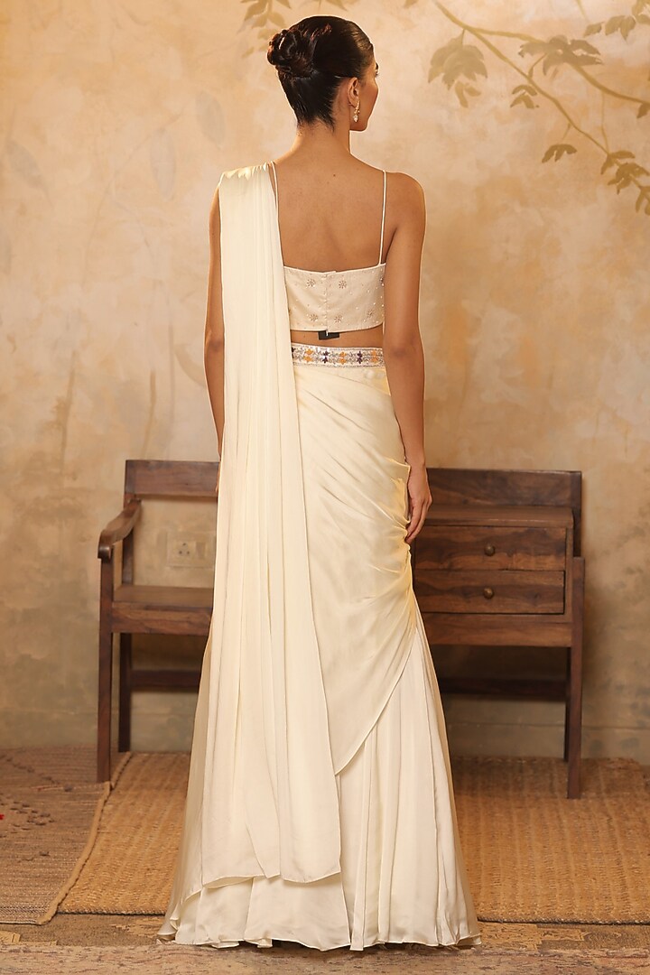Ivory Georgette Sequins Embroidered Wedding Lehenga Saree Set by Sunanta Madaan at Pernia's Pop Up Shop