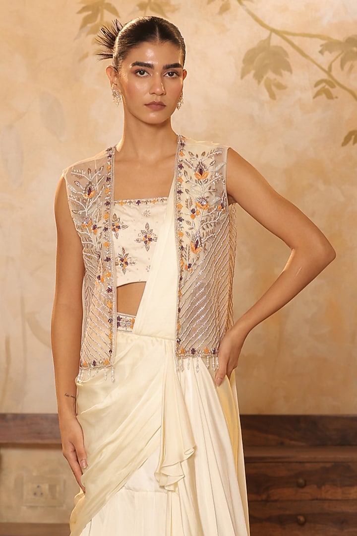 Ivory Georgette Sequins Embroidered Wedding Lehenga Saree Set by Sunanta Madaan at Pernia's Pop Up Shop