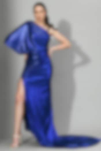 Blue Metallic Lycra Embroidered Long Tail Draped Party Wear Gown by Sunanta Madaan at Pernia's Pop Up Shop
