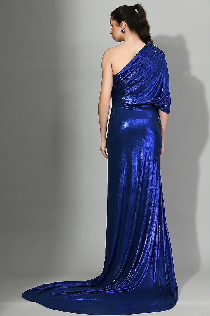 Blue Metallic Lycra Embroidered Long Tail Draped Party Wear Gown by Sunanta Madaan at Pernia's Pop Up Shop