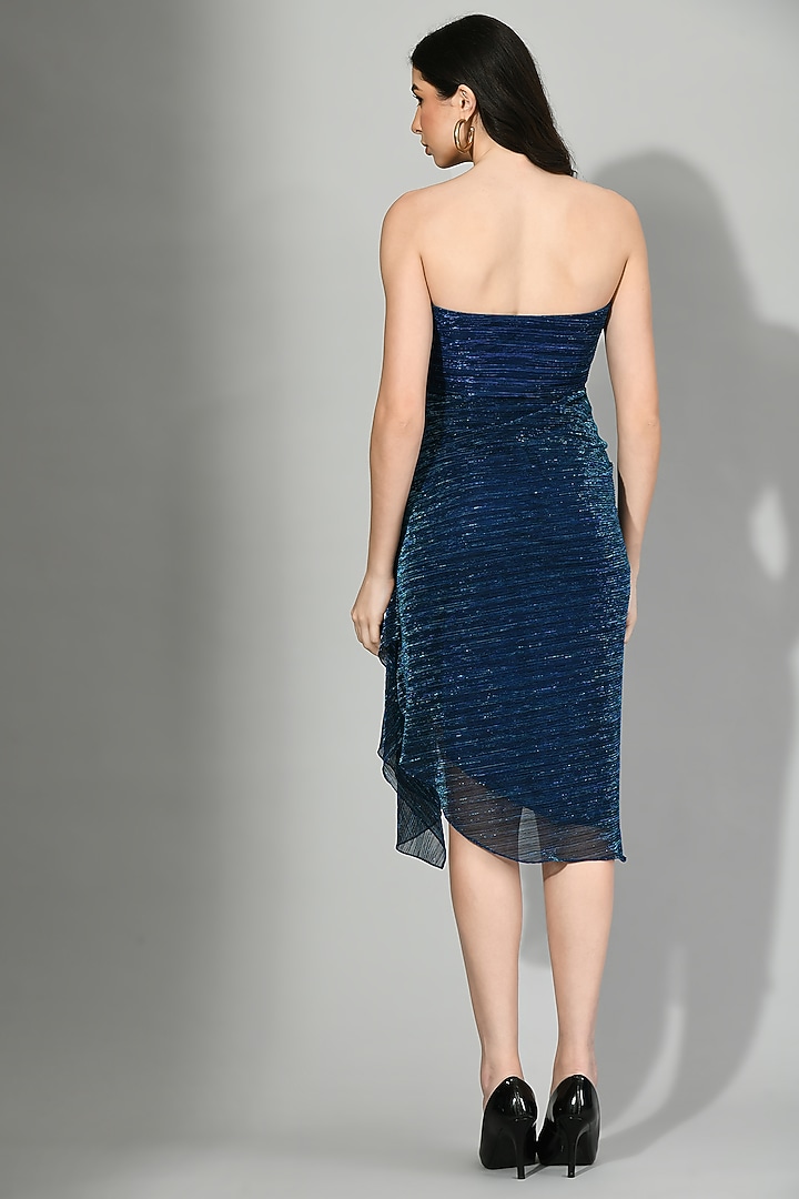 Blue Metallic Lycra Mini Off-Shoulder Draped Vacation Dress by Sunanta Madaan at Pernia's Pop Up Shop