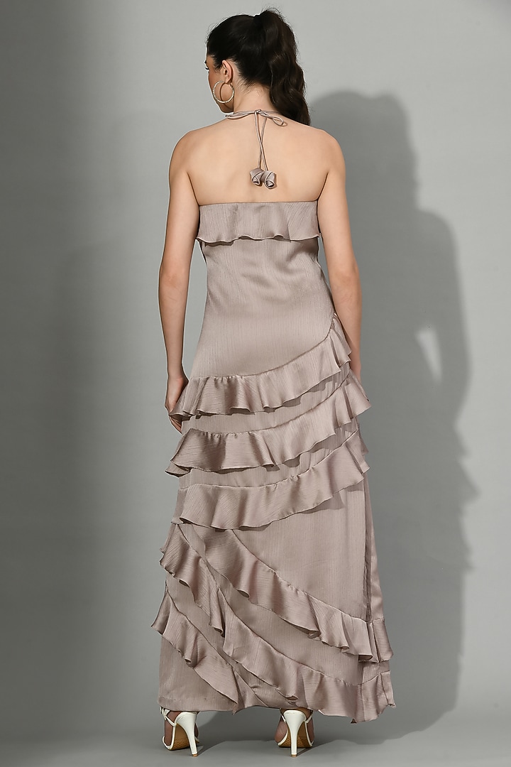 Brown Wrinkled Chiffon Ruffled Vacation Dress by Sunanta Madaan at Pernia's Pop Up Shop