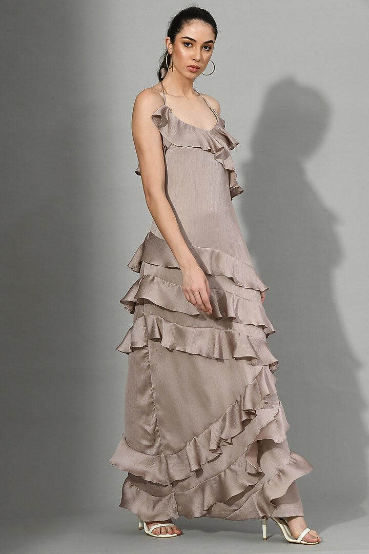 Brown Wrinkled Chiffon Ruffled Vacation Dress by Sunanta Madaan at Pernia's Pop Up Shop