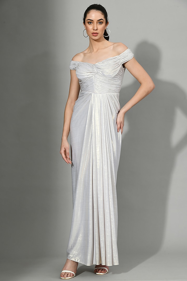 Silver Metallic Lycra Knotted Draped Gown by Sunanta Madaan
