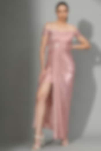 Pink Metallic Lycra Off-Shoulder Draped Gown by Sunanta Madaan