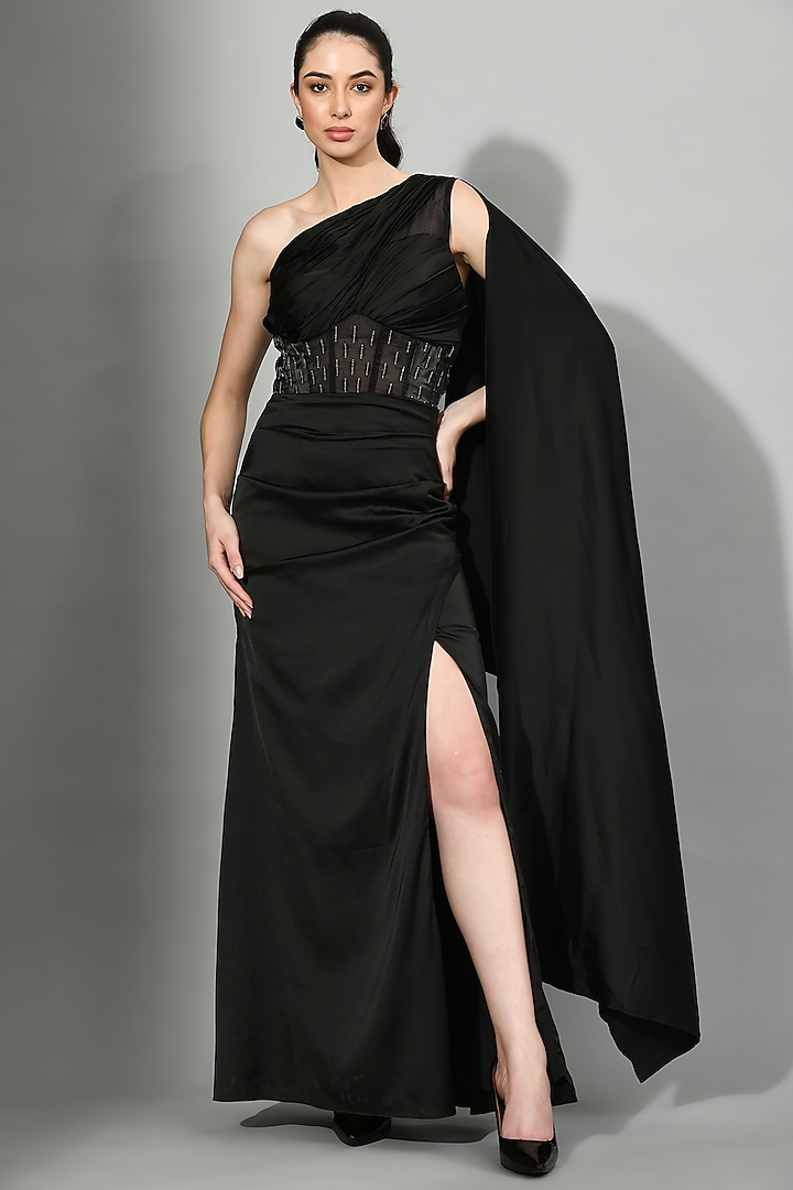 Black Satin Bead Embroidered Corset Draped Gown by Sunanta Madaan